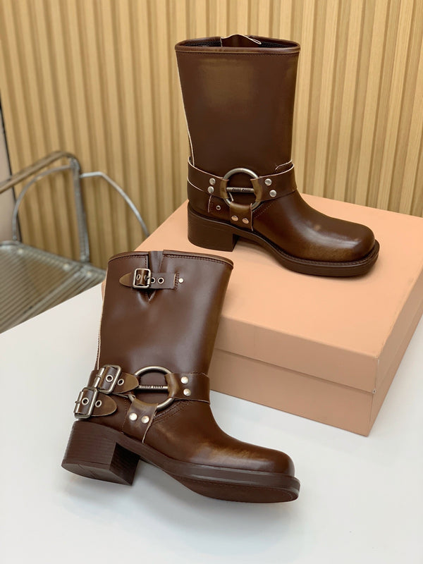 Miu Miu Biker Mid-Length Boots Brown Leather 535198