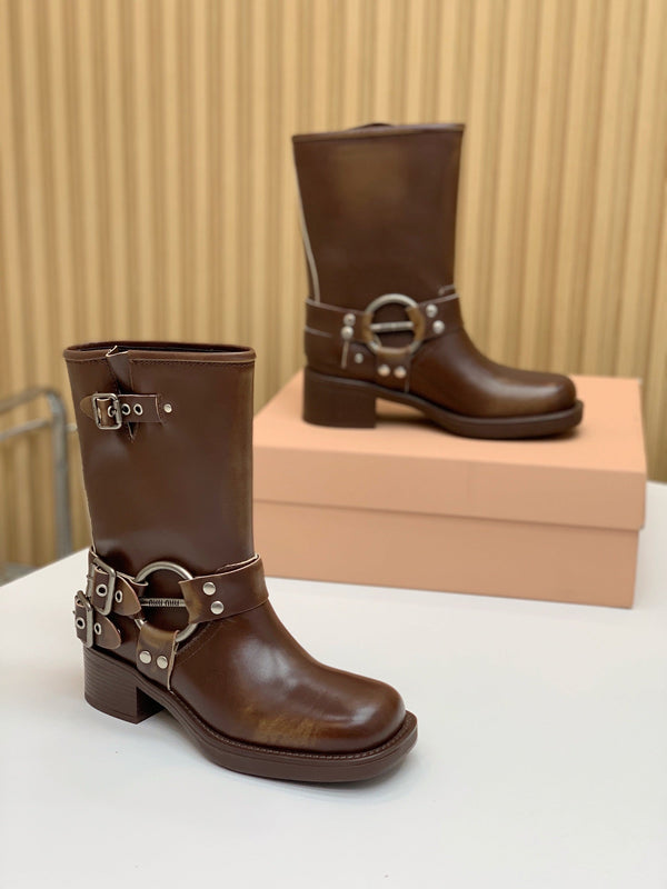 Miu Miu Biker Mid-Length Boots Brown Leather 535198