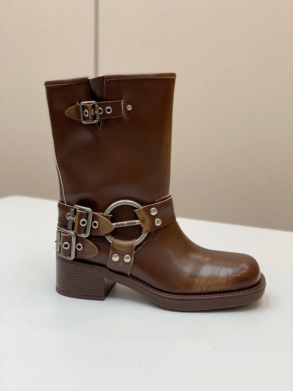 Miu Miu Biker Mid-Length Boots Brown Leather 535198