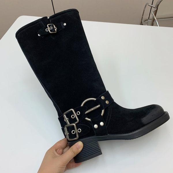 Miu Miu Biker Retro-Style Long Boots Boots Black Suede 535200