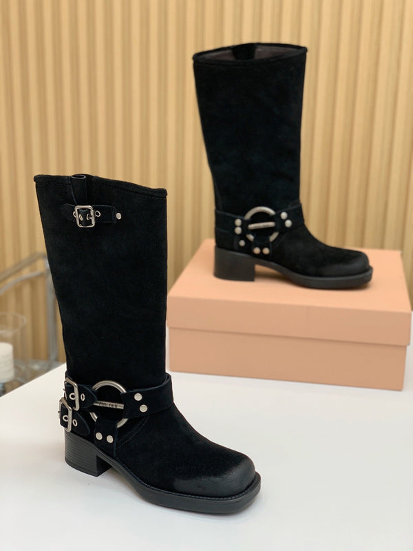 Miu Miu Biker Retro-Style Long Boots Boots Black Suede 535200