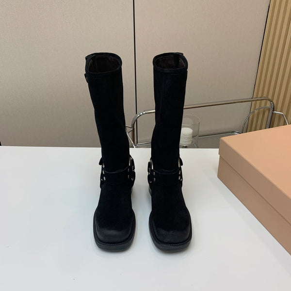 Miu Miu Biker Retro-Style Long Boots Boots Black Suede 535200