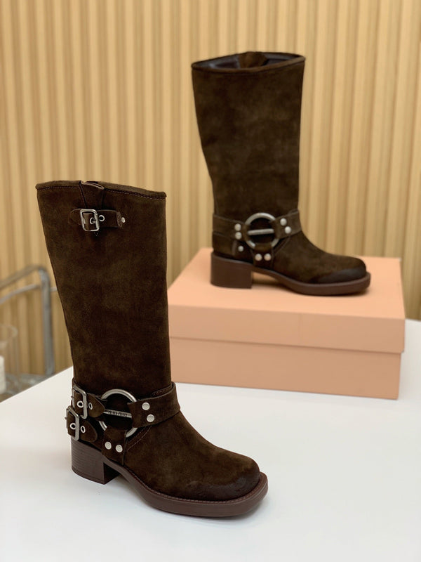 Miu Miu Biker Retro-Style Long Boots Brown Suede 535201