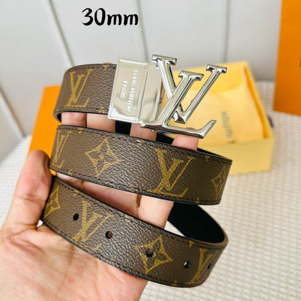 LV Initiales 30mm Reversible Belt Silver Rotating Buckle Black Brown Leather