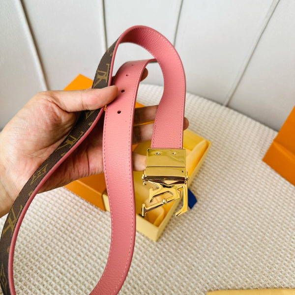 LV Initiales 30mm Reversible Belt Gold Rotating Buckle Pink Brown Leather