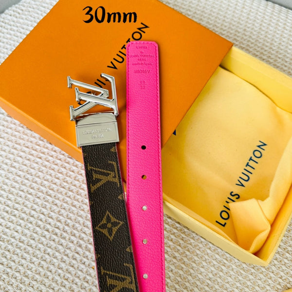 LV Initiales 30mm Reversible Belt Silver Rotating Buckle Hot Pink Brown Leather