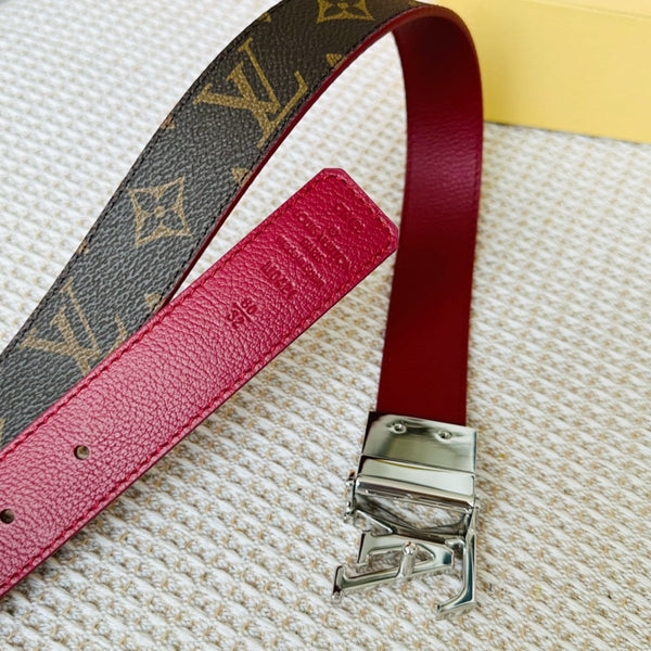 LV Initiales 30mm Reversible Belt Silver Rotating Buckle Burgundy Brown Leather