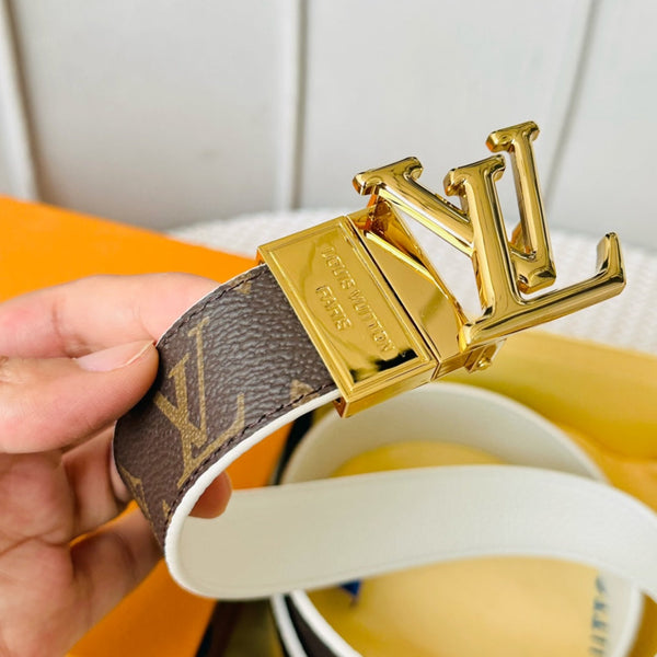 LV Initiales 30mm Reversible Belt Gold Rotating Buckle White Brown Leather