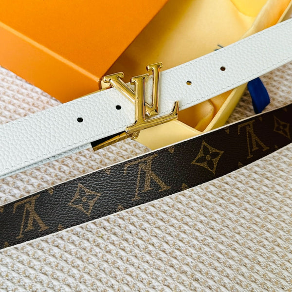 LV Initiales 30mm Reversible Belt Gold Rotating Buckle White Brown Leather