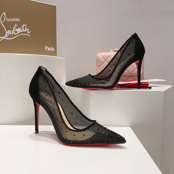 CL Follies Strass Pumps Mesh and Veau Velours Black