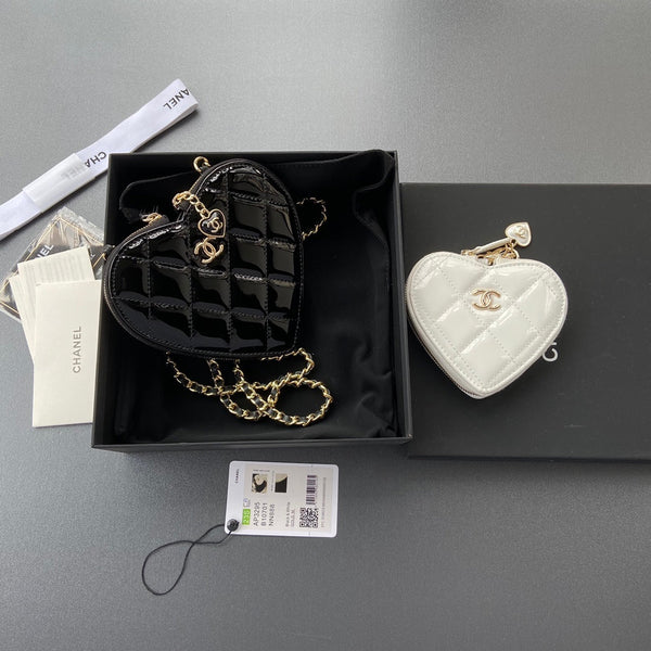 CC Double Heart Shoulder Bags 15cm Black White Patent Leather GHW 235113