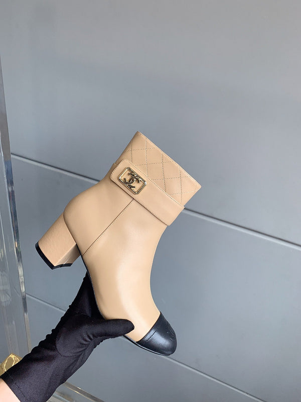 CC Square Toe Ankle Boots 70mm Beige Black Cowhide 464565