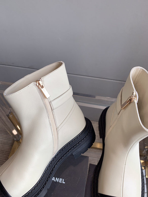 CC Cap Toe Ankle Boots Black White Cowhide 464572