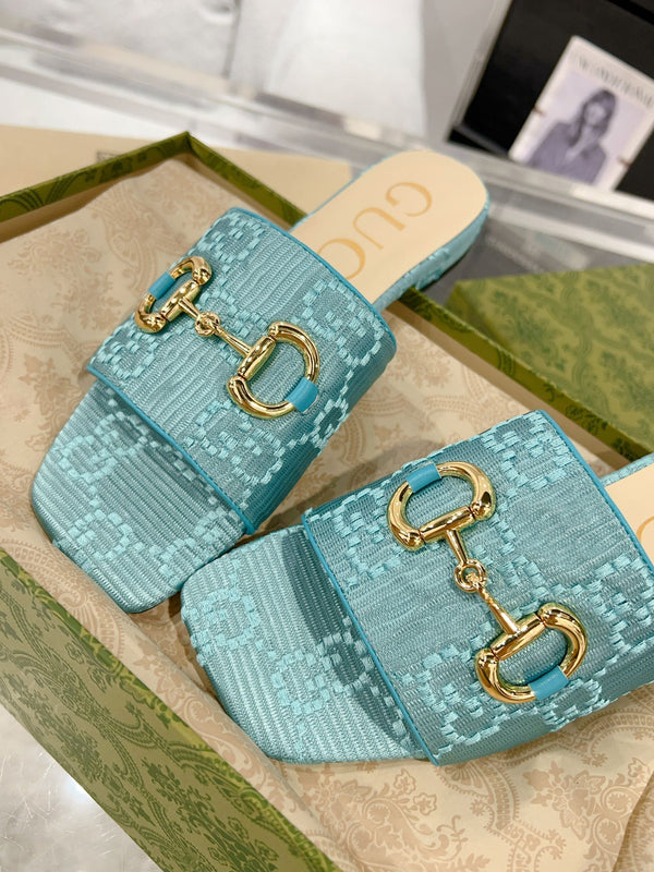 GG CHUNKY SLIDE SANDAL BLUE SKY CALFSKIN