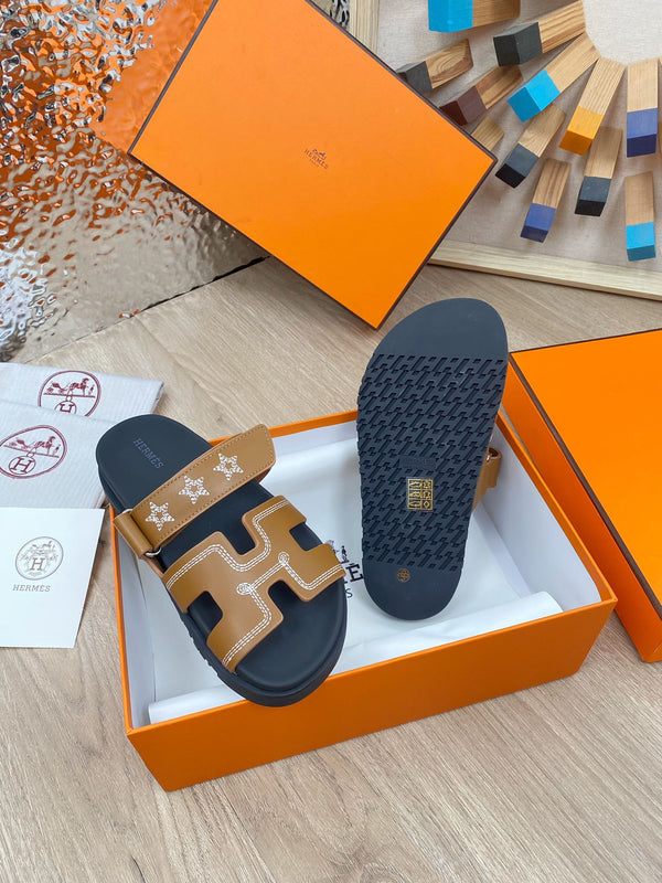 chypre sandal brown black calfskin white thread embroidered