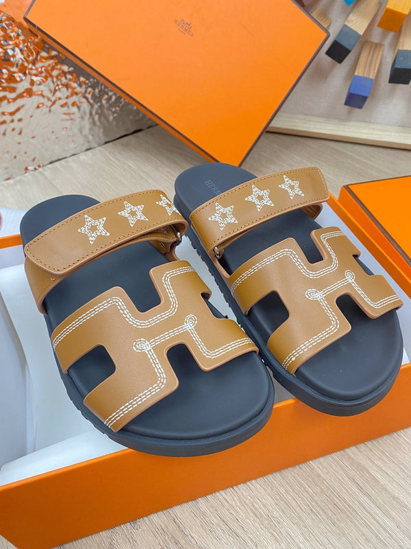 chypre sandal brown black calfskin white thread embroidered