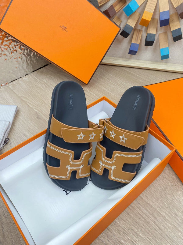 chypre sandal brown black calfskin white thread embroidered