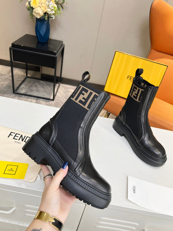 FENDI ROCKOKO BIKER BOOTS IN BLACK CALFSKIN WITH STRETCH FABRIC