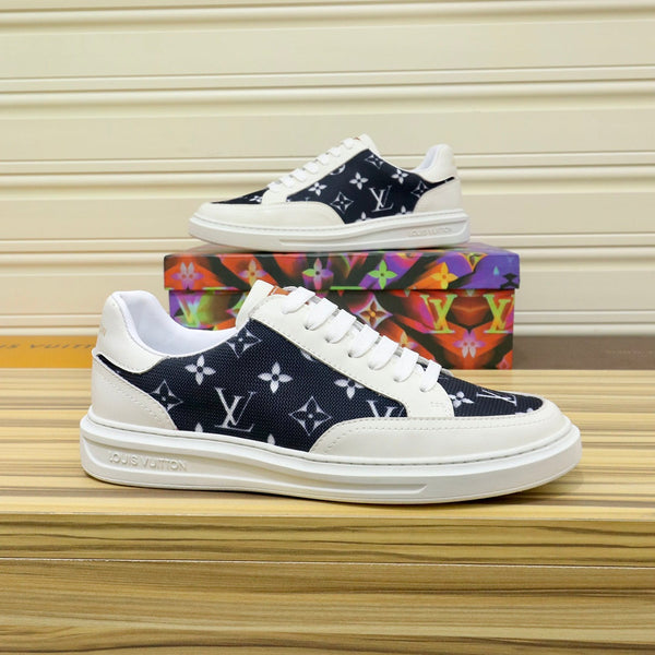 LV TRAINER SHOES BLACK MONOGRAM JACQUARD AND WHITE CALFSKIN