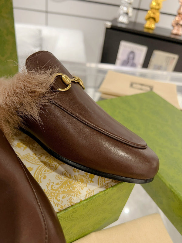 GG Princetown Slipper Brown Calfskin Tuscan Wool