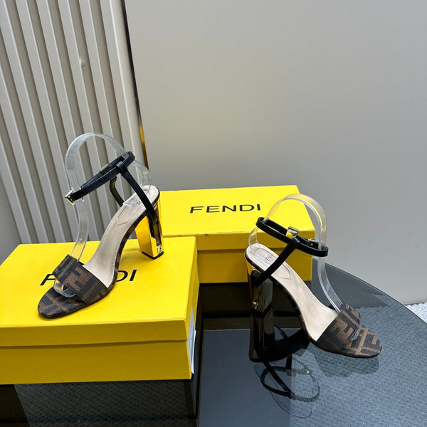 FENDI DELFINA HIGH-HEELED 10 CM SANDAL IN BROWN MONOGRAM FF CANVAS
