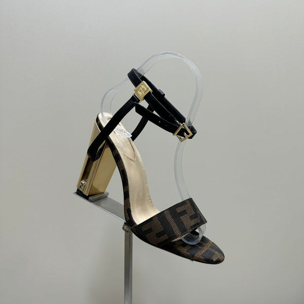 FENDI DELFINA HIGH-HEELED 10 CM SANDAL IN BROWN MONOGRAM FF CANVAS