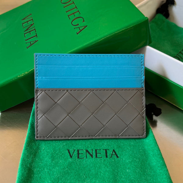BV Credit Card Case Gray Blue Intrecciato Leather