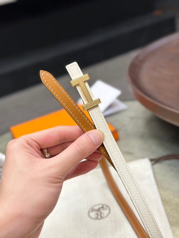 HM FOCUS BUCKLE & REVERSIBLE BRONZE BROWN AND WHITE LEATHER STRAP 13MM GOLD HARDWARE