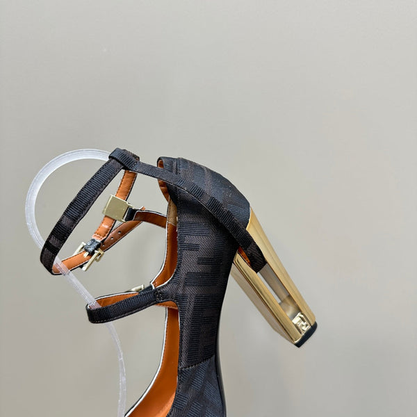FENDI DELFINA HIGH-HEELED 85 MM SANDAL IN BLACK MONOGRAM FF CANVAS