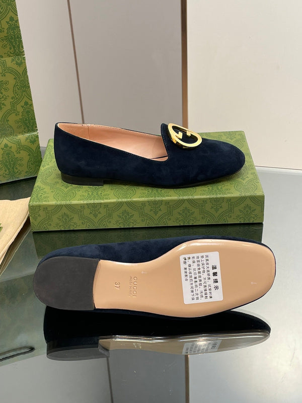 BLONDIE LOGO-PLAQUE LOAFERS IN SPACE BLUE SUEDE