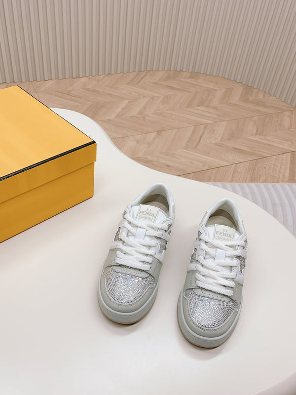 FENDI CASUAL SNEAKER IN GREY CALFSKIN ATTACH RHINSTONES