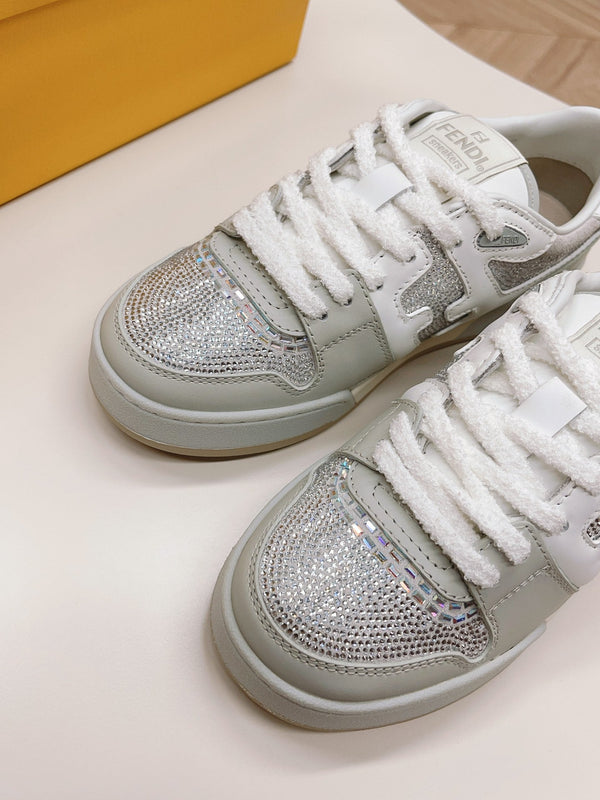 FENDI CASUAL SNEAKER IN GREY CALFSKIN ATTACH RHINSTONES