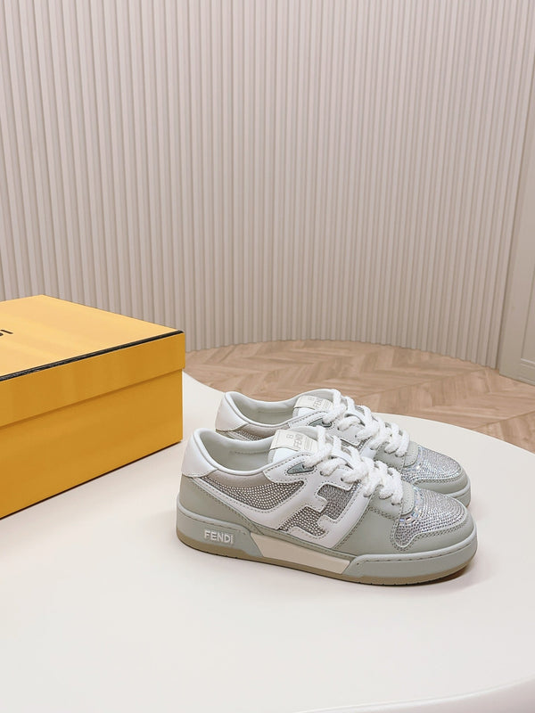 FENDI CASUAL SNEAKER IN GREY CALFSKIN ATTACH RHINSTONES