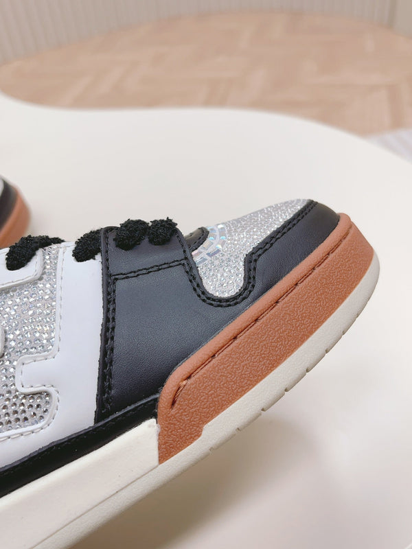 FENDI CASUAL SNEAKER IN BLACK MIX WHITE CALFSKIN ATTACH RHINSTONES