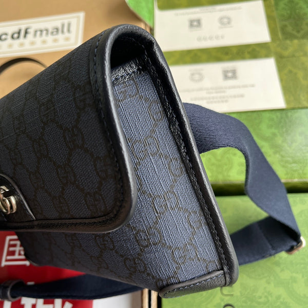 BORSA DA MARSUPIO PICCOLA OPHIDIA 23 IN TELA MONOGRAMMA BLU SCURO E FINITURE IN PELLE DI AGNELLO NERA