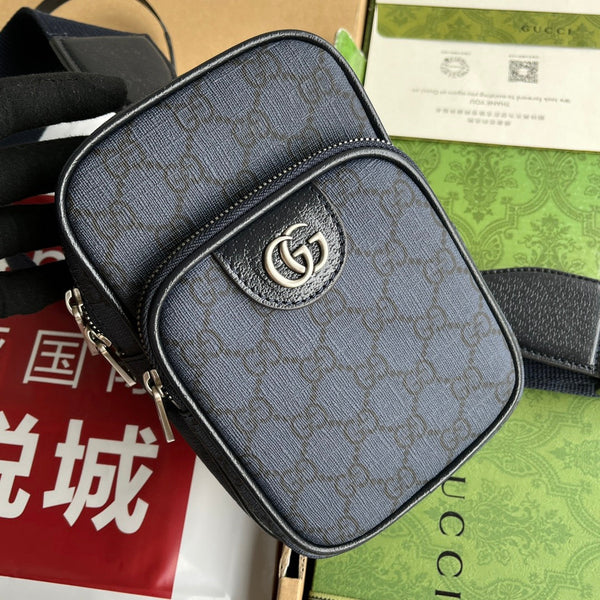 BORSA MINI OPHIDIA 18 IN TELA MONOGRAM BLU SCURO E FINITURE IN PELLE DI AGNELLO NERA