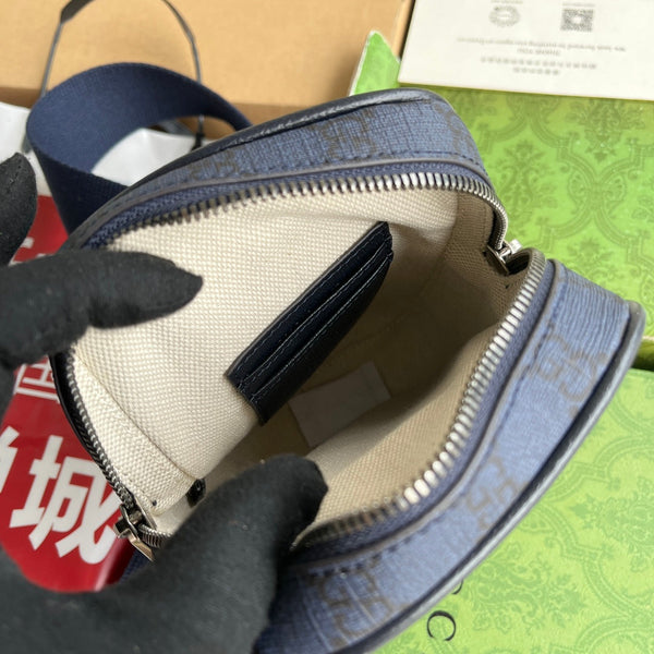 BORSA MINI OPHIDIA 18 IN TELA MONOGRAM BLU SCURO E FINITURE IN PELLE DI AGNELLO NERA