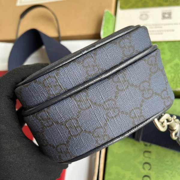 BORSA MINI OPHIDIA 18 IN TELA MONOGRAM BLU SCURO E FINITURE IN PELLE DI AGNELLO NERA