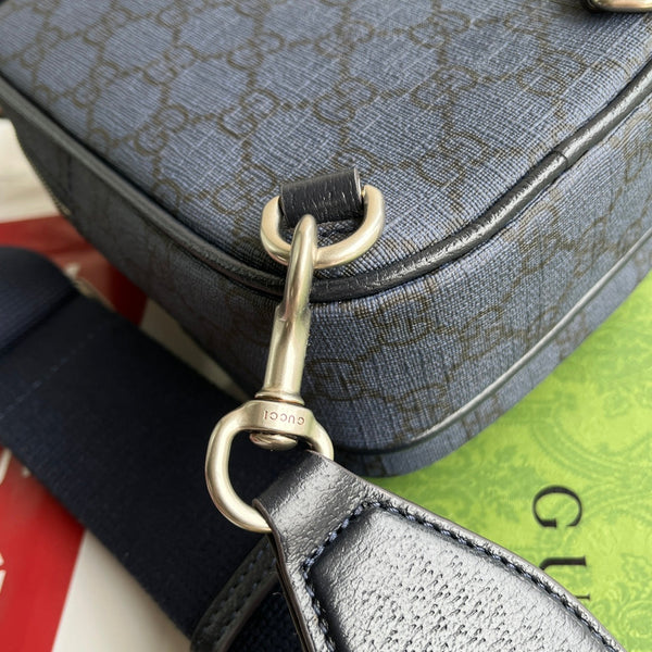 BORSA MINI OPHIDIA 18 IN TELA MONOGRAM BLU SCURO E FINITURE IN PELLE DI AGNELLO NERA