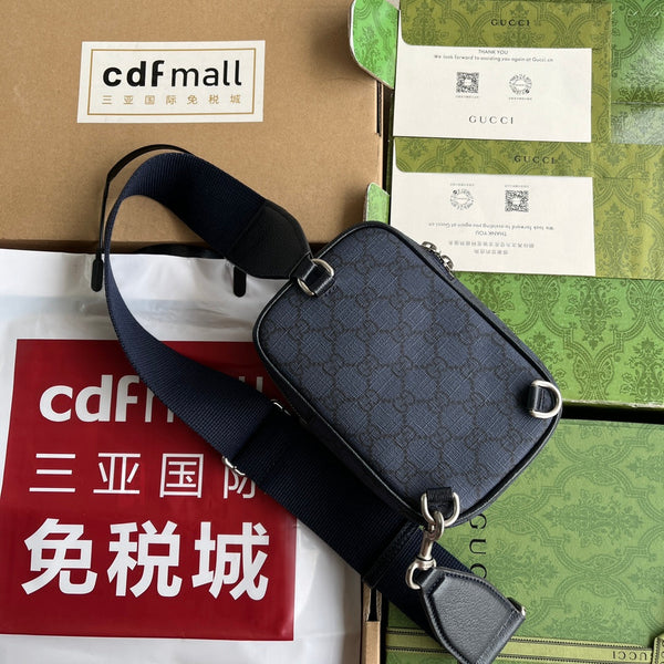 BORSA MINI OPHIDIA 18 IN TELA MONOGRAM BLU SCURO E FINITURE IN PELLE DI AGNELLO NERA