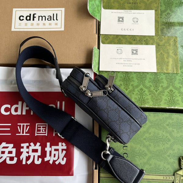 BORSA MINI OPHIDIA 18 IN TELA MONOGRAM BLU SCURO E FINITURE IN PELLE DI AGNELLO NERA