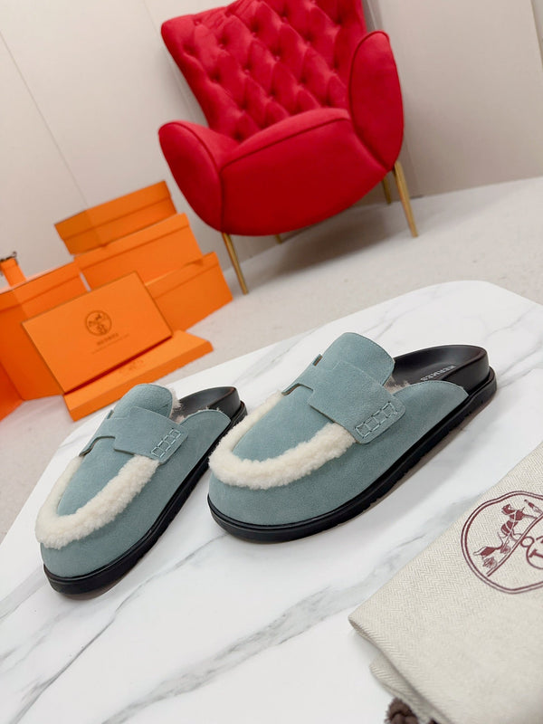 HM Go Mule Teal-gray White Suede Lined With Wool Fleece 476592