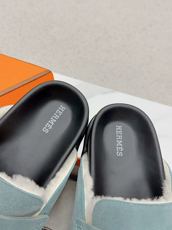 HM Go Mule Teal-gray White Suede Lined With Wool Fleece 476592