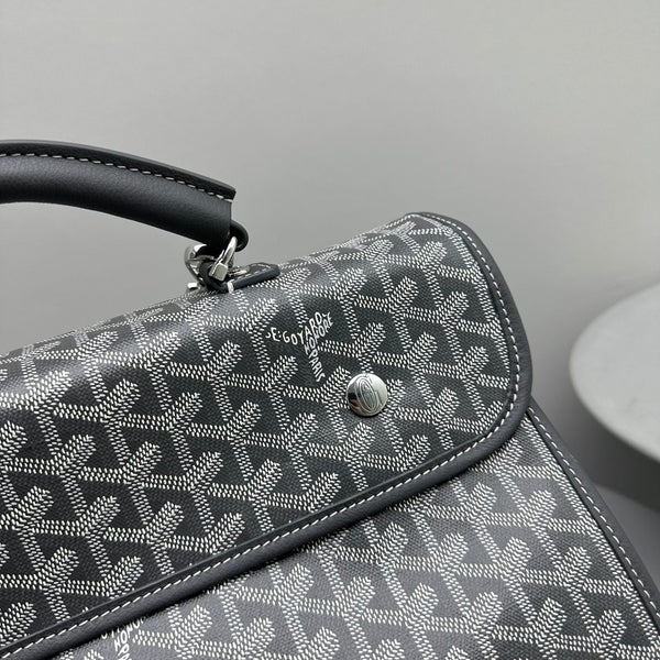 LEGER BACKPACK 37 IN GRAY GOYARDINE CANVAS WITH CALFSKIN TRIM