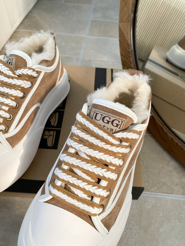 UGG Casual Sports Sneakers Brown White Suede Wool Rubber 512824