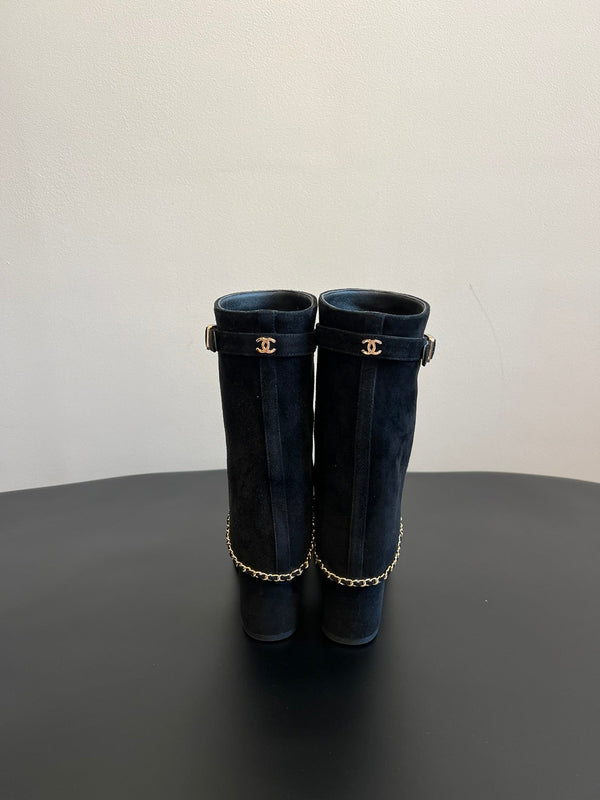 CC Short Boots Black With Chain Suede And Cowhide 944963