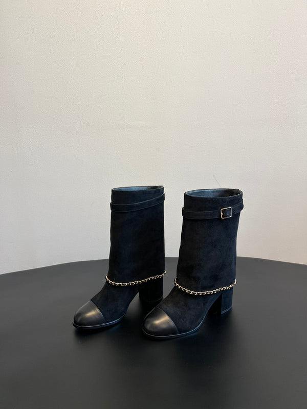 CC Short Boots Black With Chain Suede And Cowhide 944963