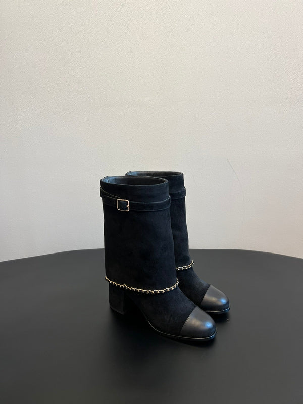 CC Short Boots Black With Chain Suede And Cowhide 944963