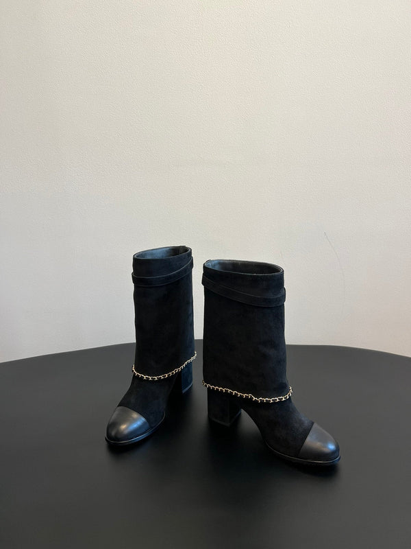 CC Short Boots Black With Chain Suede And Cowhide 944963