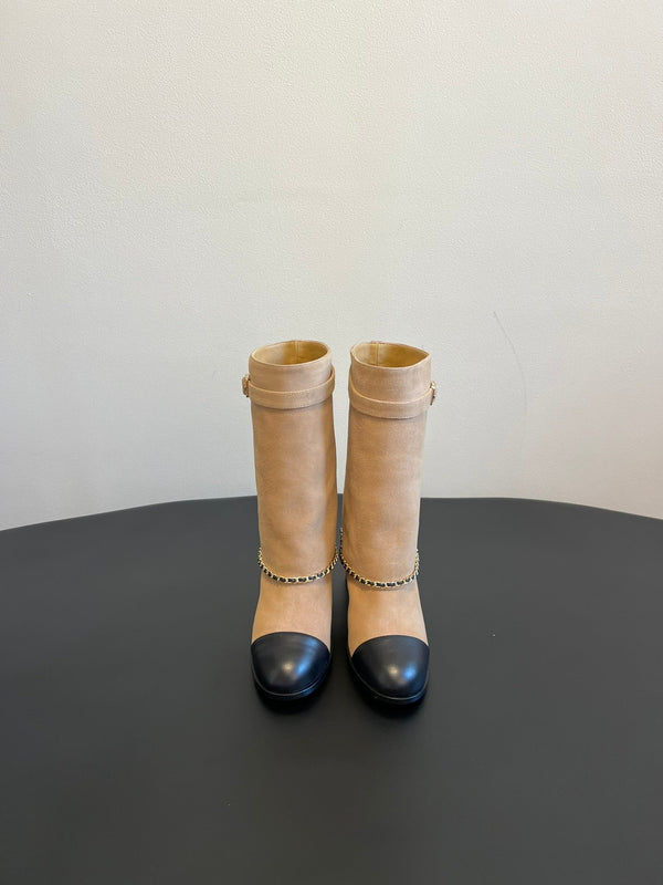 CC Short Boots Dark Beige With Chain Suede And Cowhide 944965